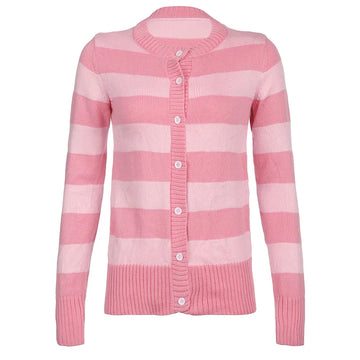 Getadme- Grunge y2k Fairycore Sweater Women Pink Striped Button Down Long Sleeve Cardigan Tops 2000s Aesthetic Knitted Clothes